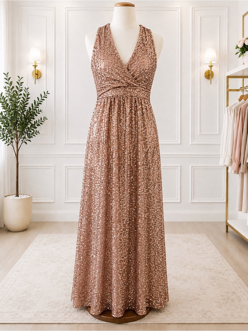 PinkBlush Large Rose Gold Sequin Maxi Gown Faux Wrap V-Neck Formal Dress